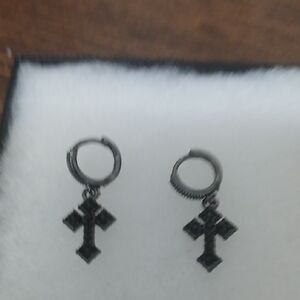 Black Cross Hoop Earrings With Rhinestones New
